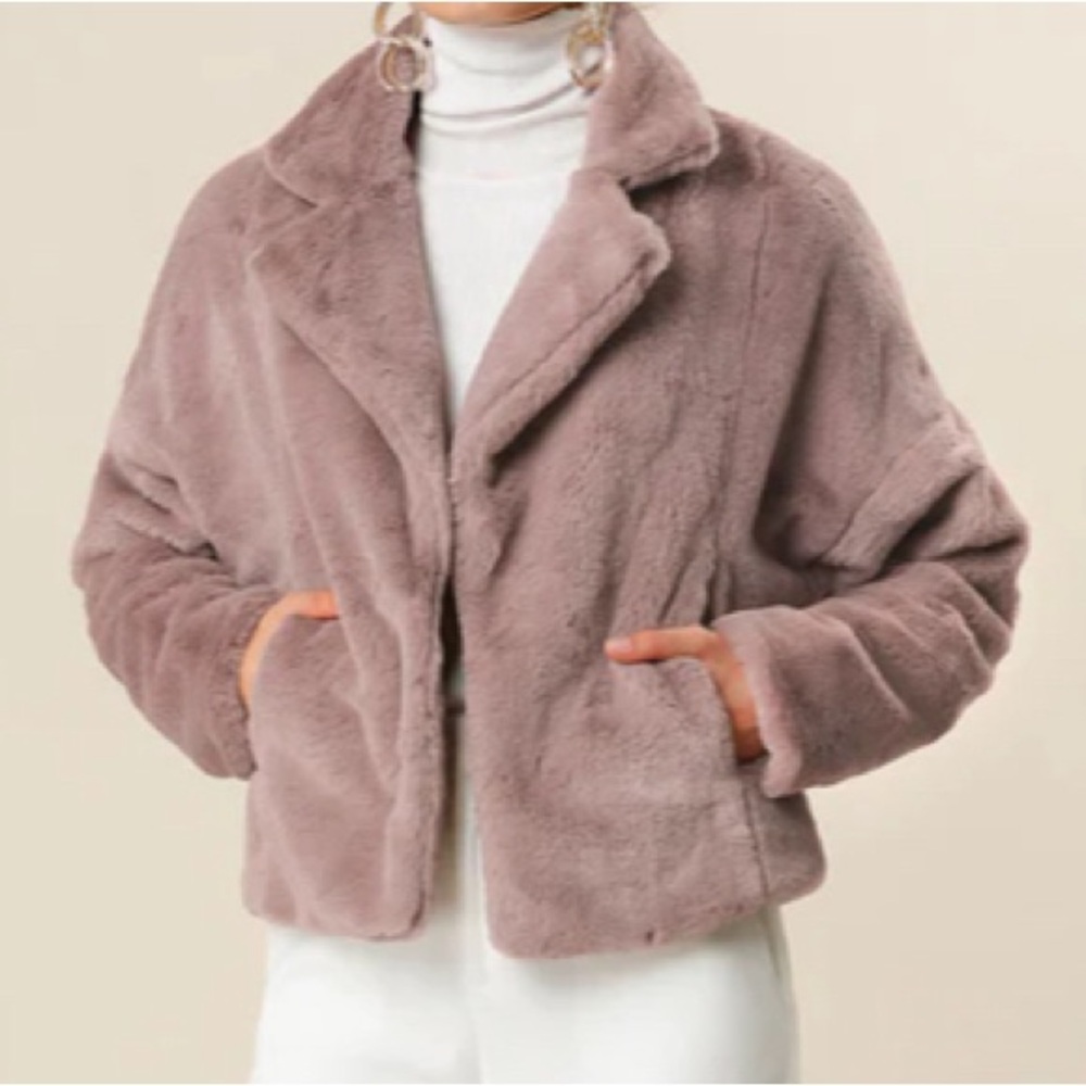 Allegra K Cropped Jacket Notch Lapel Faux Fur Fluffy Coat in Dusty Pink